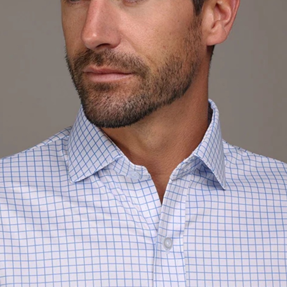 NWOT Collars & Co Thin Blue Check Quattro Flex Semi-Spread Collar Shirt Medium - Picture 2 of 8